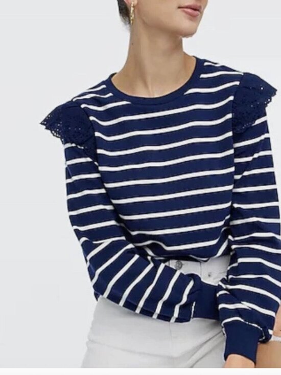 J. Crew Tops - J.Crew Factory Women's White Navy Stripe Ruffle Lace Sleeve Sweatshirt Size XL
